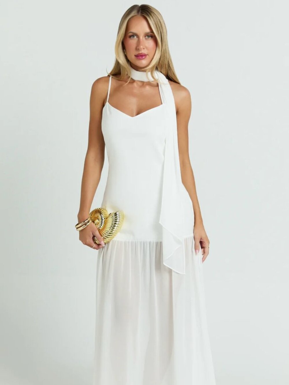 Showpo Calvin Maxi Dress - Linen Look Contrast Georgette Skirt with Neck Scarf